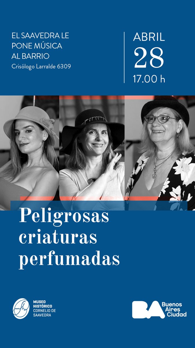 🎵Este domingo, vení a disfrutar una nueva edición de “El Saavedra le pone música al barrio” con la presentación de “Peligrosas criaturas perfumadas”🎵

acortar.link/PnPBtK

#museosaavedra #MuseosBA