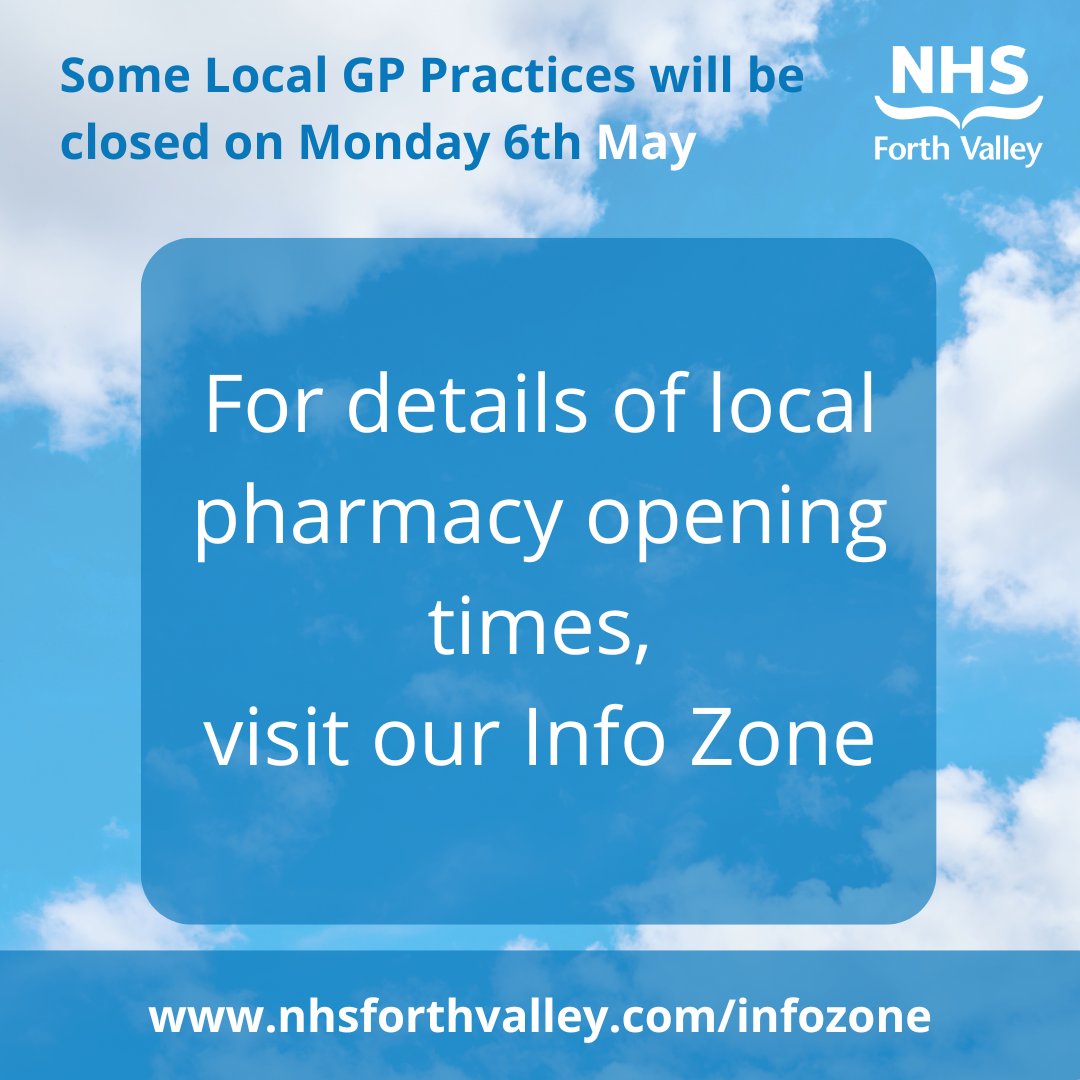 GP Practices across Forth Valley will be closed Monday 6th May A number of local pharmacies will be open. Opening times are available here➡nhsforthvalley.com/infozone You can call NHS 24 on 111 day or night if you need advice for an injury or require urgent healthcare advice.