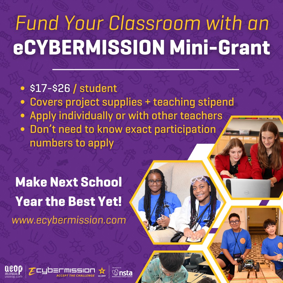 Need 💲for your #science classroom next year? Apply for an @eCYBERMISSION Mini-Grant! Applying is quick and easy, requires no essays, and could mean thousands for your #classroom or #school. Apply now at bit.ly/4dcBF3P.