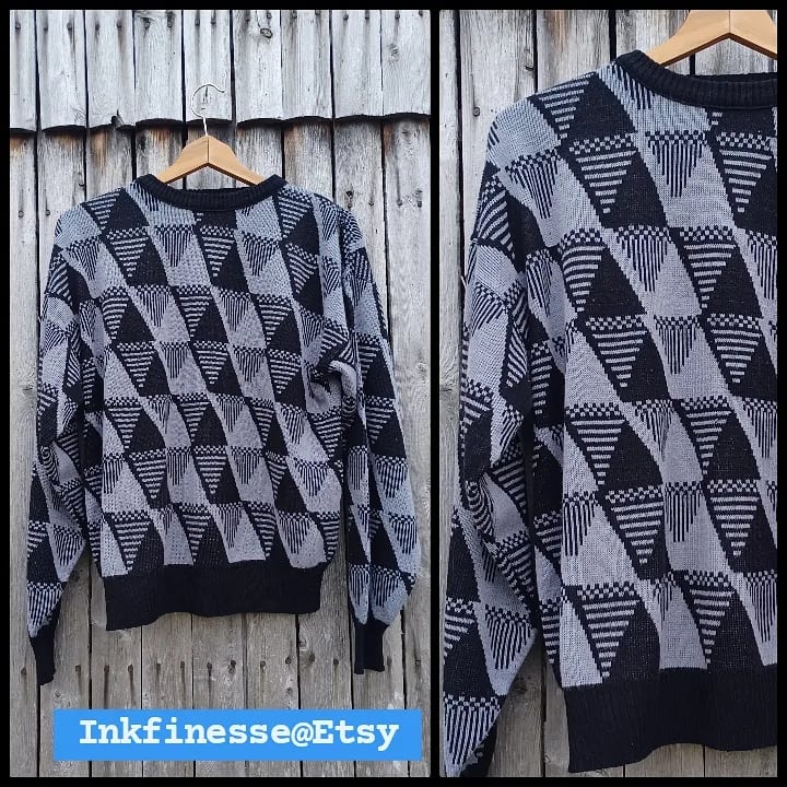 Find this #geometric #80s #sweater full of #black & #grey #design in my #Etsy @ inkfinesse.etsy.com  along w/other #vintage #fashion, #nostalgia & unique #art 💗☮🤘🏼 #90s #style #fashion #vintagestyle #northernisles #sweaterweather #fall #cozy #grunge #80sLadies #knit #OOTD