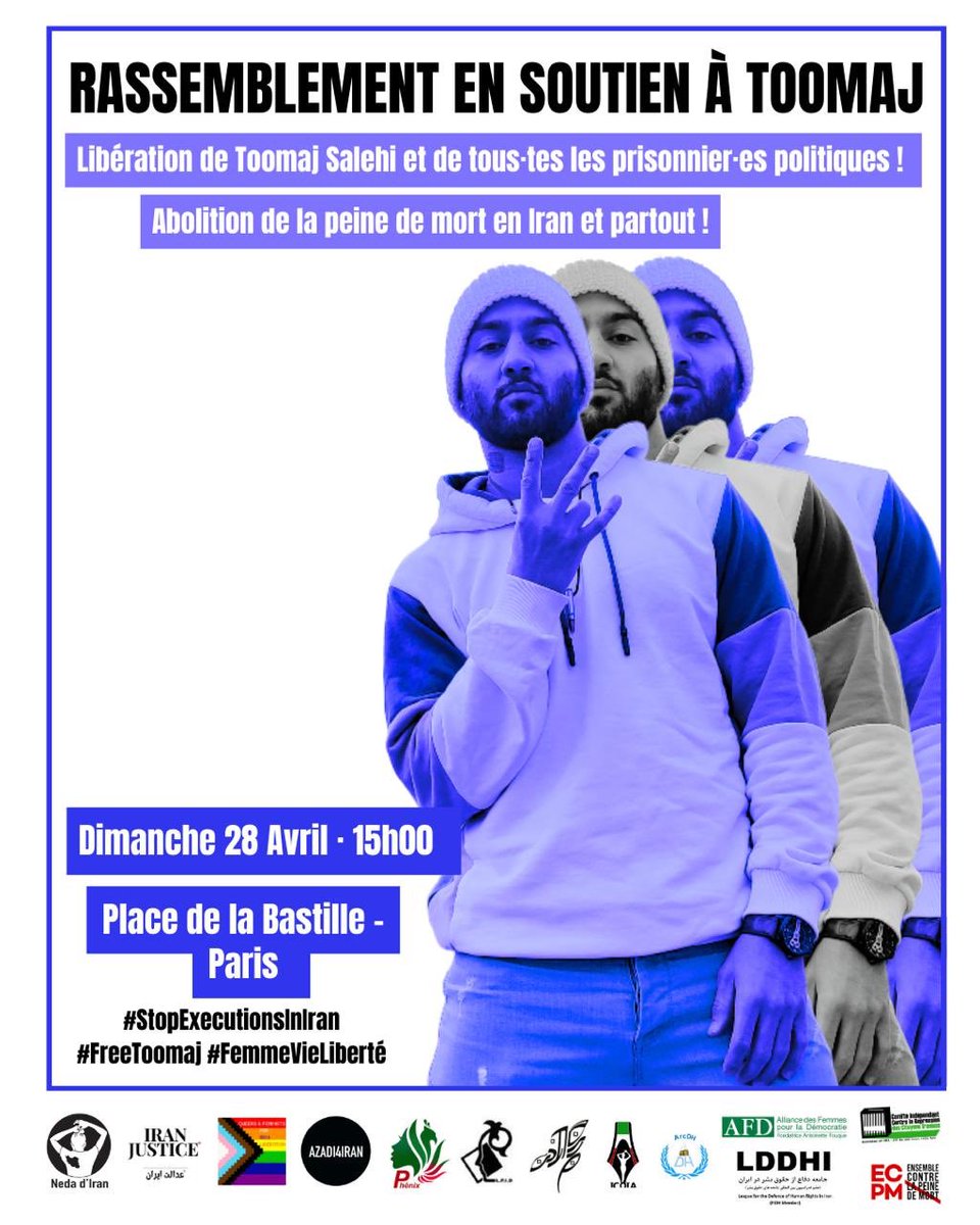 ❌ Contre la peine de mort, contre la police des mœurs, contre les répressions et les exactions en Iran et partout dans le monde

🤝 En soutien à #ToomajSalehi et aux prisonnier·ère·s politiques

Rendez-vous Place de la Bastille dimanche à 15h.

#StopExecutionsIran