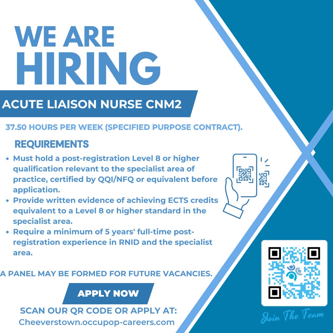 CheeverstownH's tweet photo. We are hiring! Cheeverstown is now hiring for an Acute Liaison Nurse CNM2 for a specified purpose contract.
See details and apply by using the link below!
https://t.co/N7SxSnUnKx
#Hiring #jobopputunity #cheeverstown https://t.co/Tu8X4Cj4kp