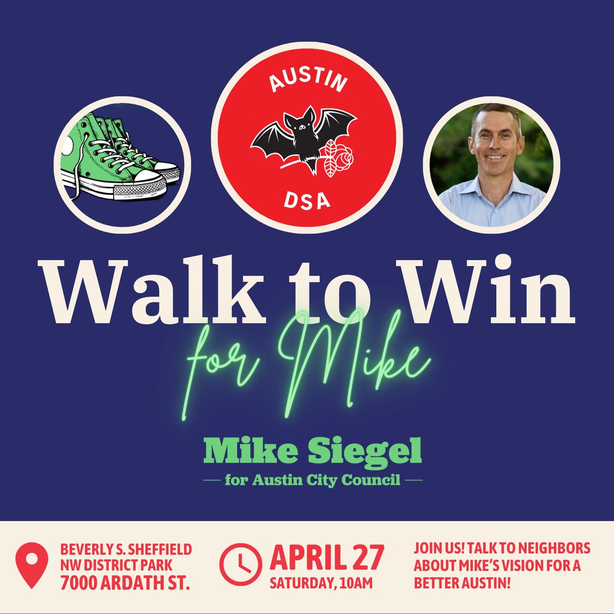 Join us as we knock on doors for @mikesiegeltx on Saturday, April 27! Let's talk with our neighbors about how we can create a better Austin. A training and literature will be provided, but don't forget to bring a charged cell phone. See you there: buff.ly/3UKwmBH