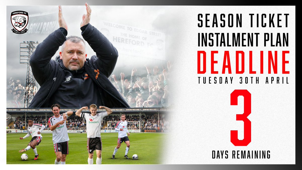 Getting your season ticket with our instalment plan? 🎟️ The deadline is Tuesday 30th April, so make sure to get yours now! 👇 herefordfc.co.uk/2024-25-season… #COYW | #OurCity