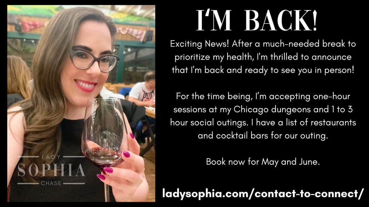 🔥 Exciting News! 🔥 After a much-needed break to prioritize my health, I'm thrilled to announce that I'm back and ready for sessions! I’m accepting one-hour sessions at my Chicago dungeons and 1 to 3-hour social outings. ladysophia.com/contact-to-con… #femdom