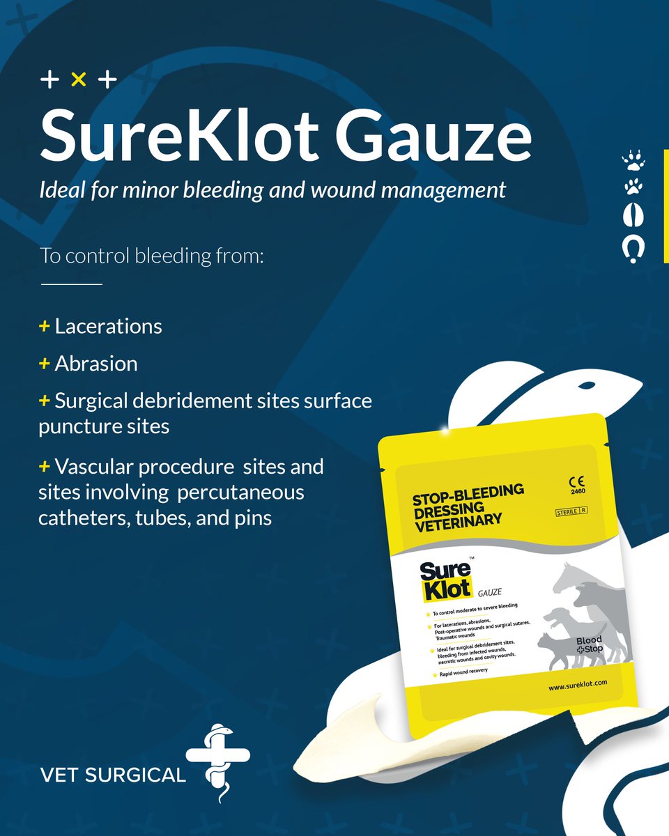 𝐈𝐍𝐓𝐑𝐎𝐃𝐔𝐂𝐈𝐍𝐆: 𝐒𝐔𝐑𝐄𝐊𝐋𝐎𝐓 𝐆𝐀𝐔𝐙𝐄

➡️  To control moderate to severe bleeding 
➡️ For lacerations, abrasions, post-operative wounds and surgical sutures 

#VetSurgicalUK #VeterinarySupplies #VetProducts #AnimalCare #WoundCare #Horse