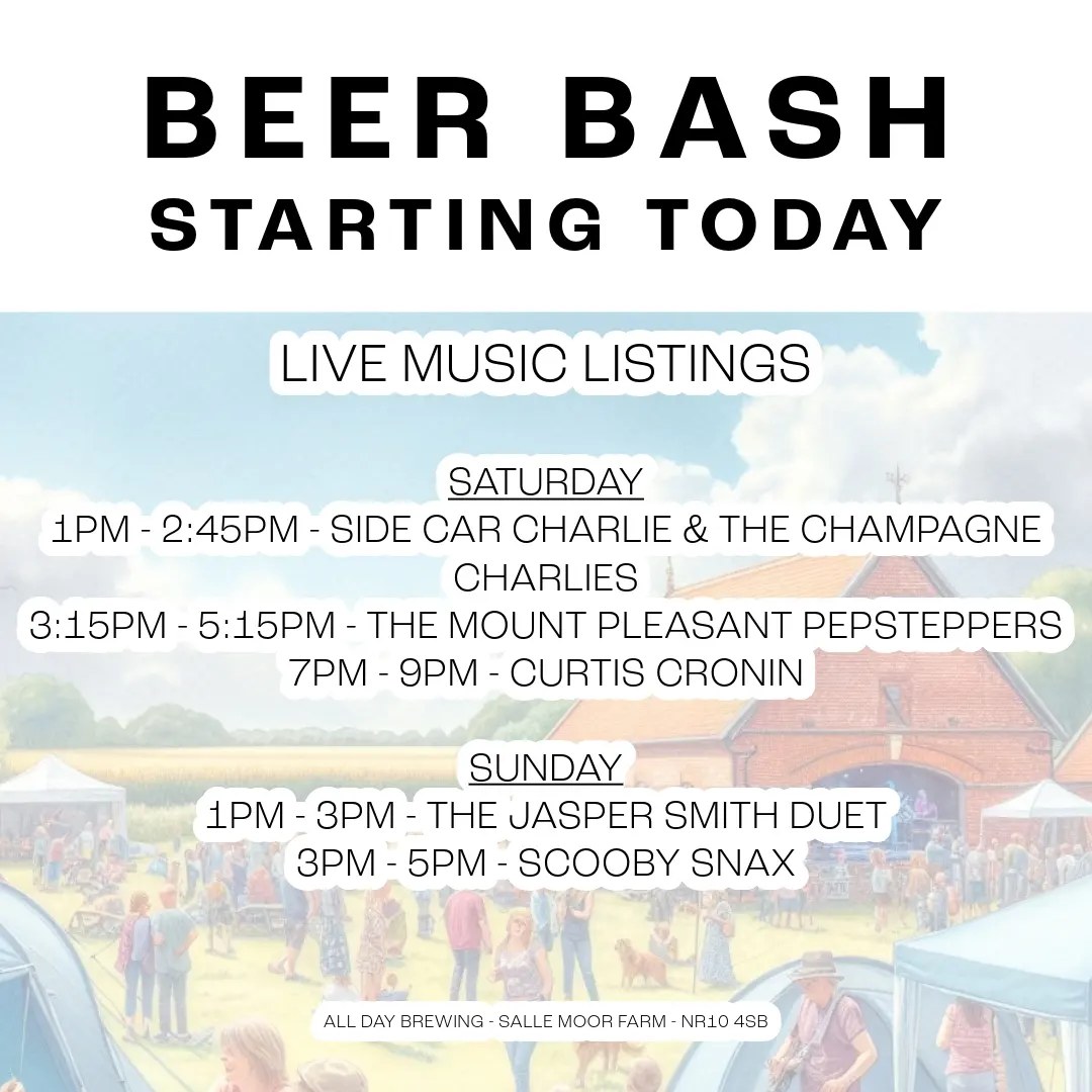The “Beer Bash” at @alldaybrewing is underway!🍺

This is the live music line-up for Saturday & Sunday. It’s set to be a wonderful weekend at Salle Moor Hall Farm!

#FridayFeeling #WeekendVibes #BeerFestival #Reepham #Norfolk #Events