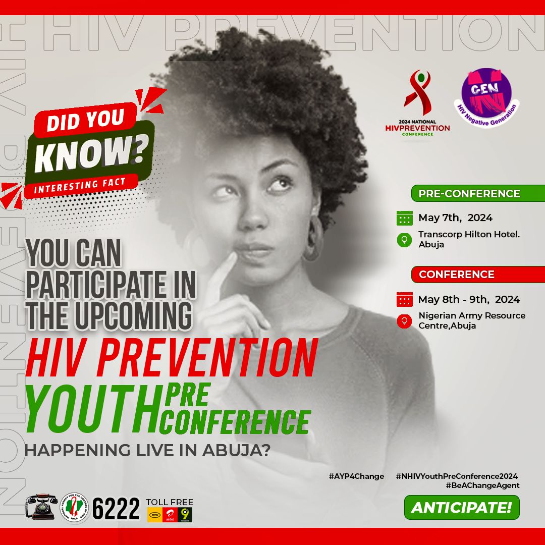 Join us and get involve with the Nigeria HIV prevention conference 2024.

Theme: Accelerating HIV prevention to end AIDS through innovations and community engagement.

#AYP4Change
#NHIVYPC2024

Registration form here: nigeriahivprevcon24.com/registration/
