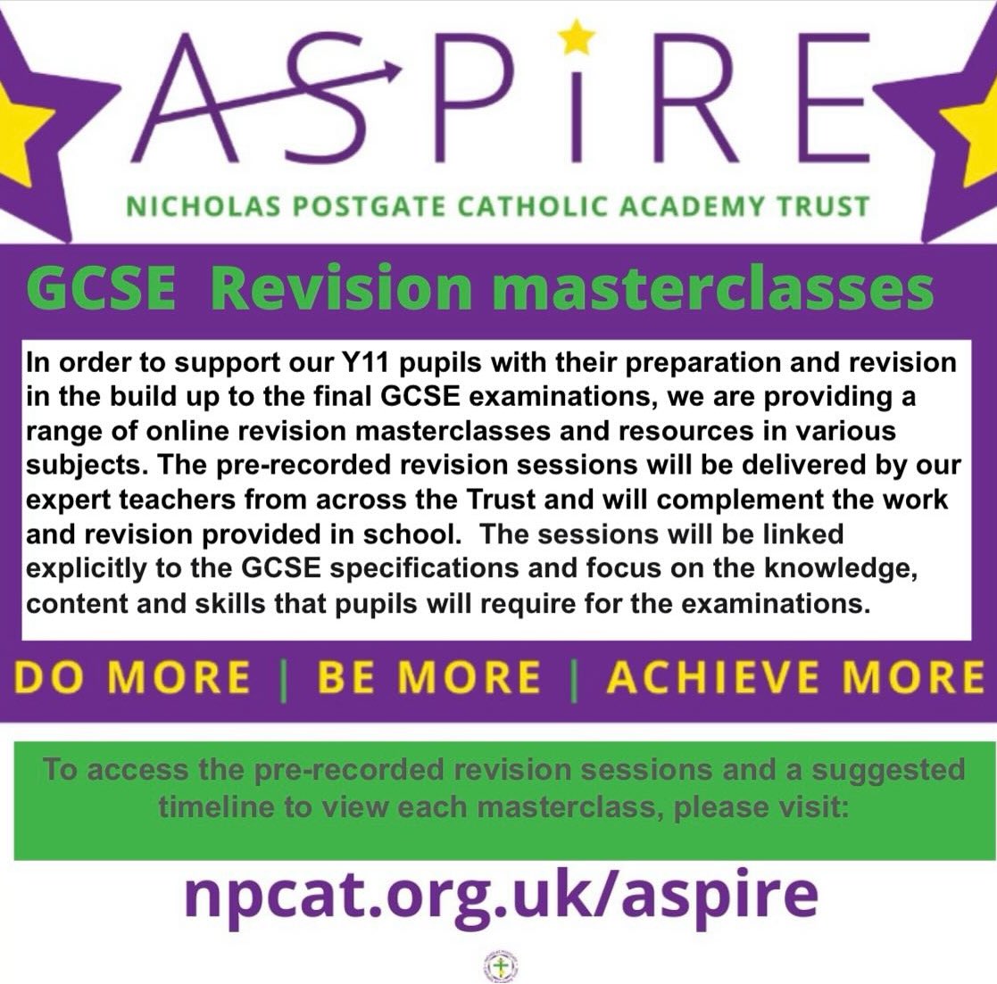 💜⭐️All Year 11 pupils!⭐️💜 Please see key information about how you can access pre-recorded GCSE revision masterclasses from expert Teachers across NPCAT in a range of subject areas. Use your time and the support on offer to help you reach your full potential! ☘️ #stpatsfam
