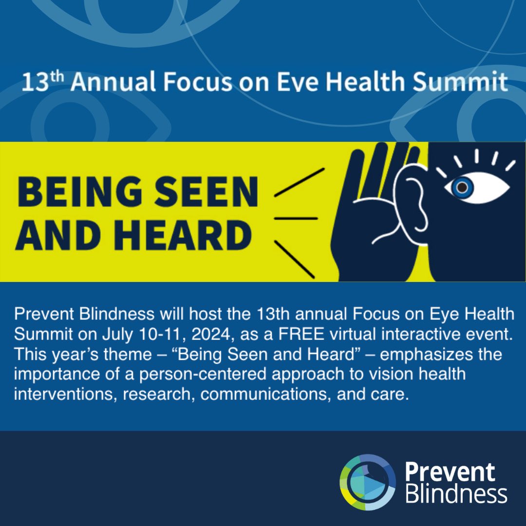 The 2024 Focus on Eye Health Summit registration is now live! This #eyesummit theme is “Being Seen and Heard” and will take place on July 10-11, 2024, as a FREE virtual interactive event. Register here: eyesummit.vfairs.com