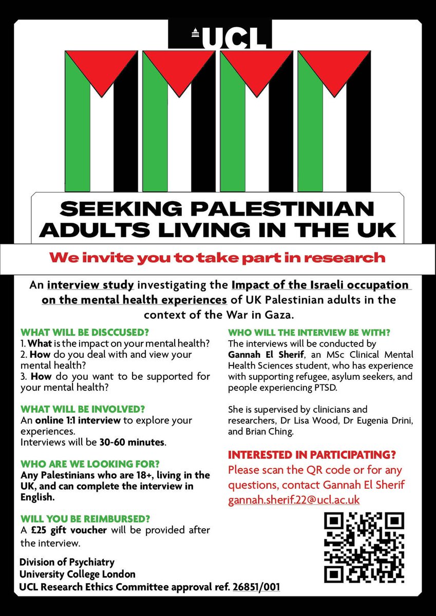 🚨 New study recruiting UK Palestinian adults! For an interview study led by @MentalhealthMSc student Gannah El Sherif to understand the mental health impact and experiences of the current Israeli occupation and war on Gaza. For more information: linktr.ee/mscpalestinepr…