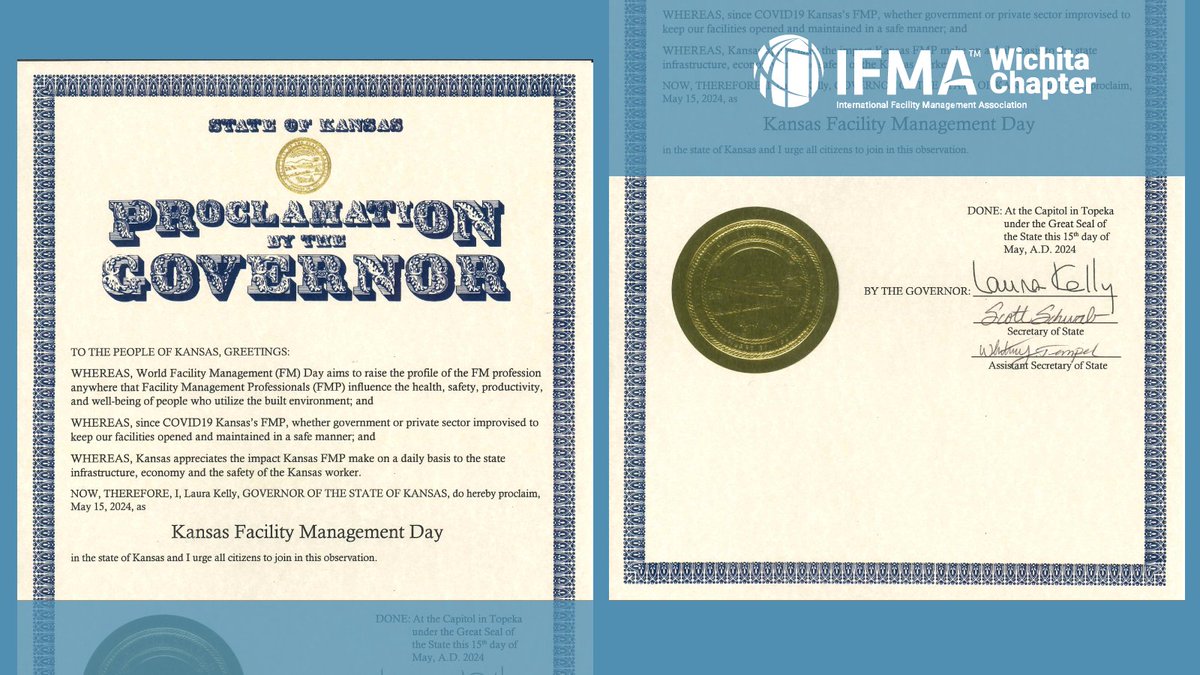 🌟 We are excited to announce Kansas Govenor Laura Kelly has proclaimed May 15, 2024 as Kansas Facility Management Day. 🌟 Register: - World FM Day Celebration, May 1, 4pm-6pm, Wichita Boathouse - City of Wichita Proclamation, May 15, 9am, City Hall #facilityManagementDay