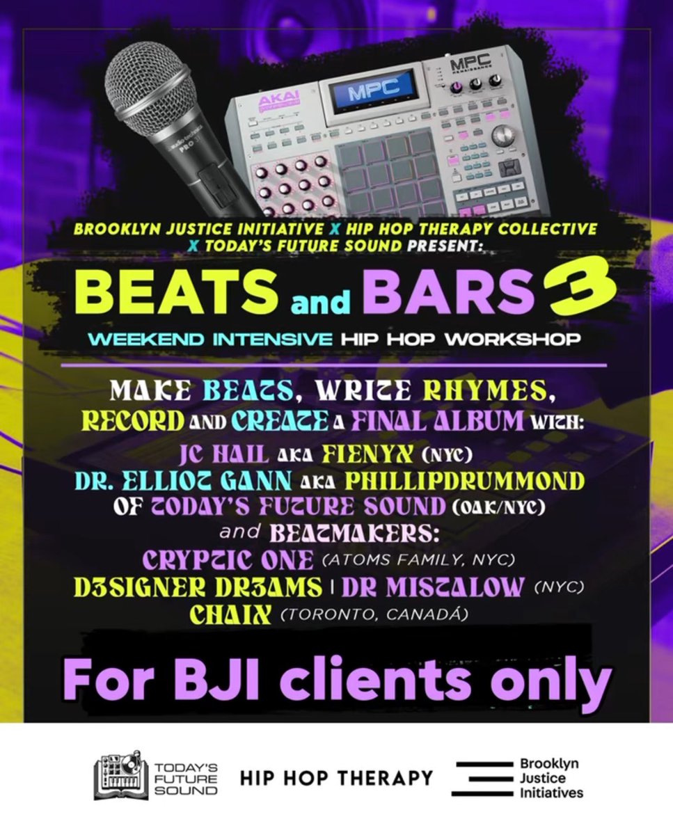 We can’t wait for this weekend! Beats and Bars #hiphoptherapy / #TherapeuticBeatMaking weekend workshop intensive with @jchiphoptherapy x @bkjusticeintves