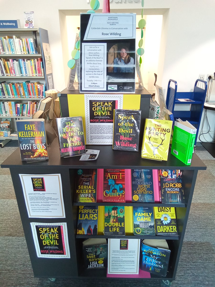 #Elland Library has put up a fantastic display to highlight @NewWritingNorth author Rose Wilding's event on Tues 14 May at 2pm - if you'd like to learn more then pop down or search our online catalogue. Tix for our Northern Bookshelf events can be found at ticketsource.co.uk/calderdalelibr…