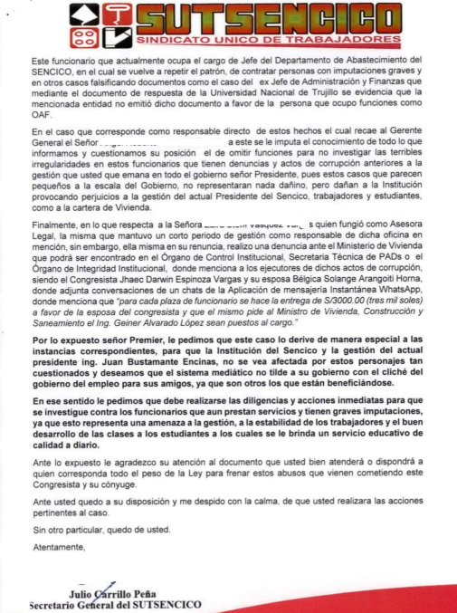 El matrimonio entre Darwin Espinoza y Bélgica Arangoitia resistió acusación contra ambos de presunto cobro de cupos en Sencico, ente adscrito al Ministerio de Vivienda, en el 2022, pero no aguantó una denuncia sobre intercambio de favores que atañe al legislador. #OcurreAhora