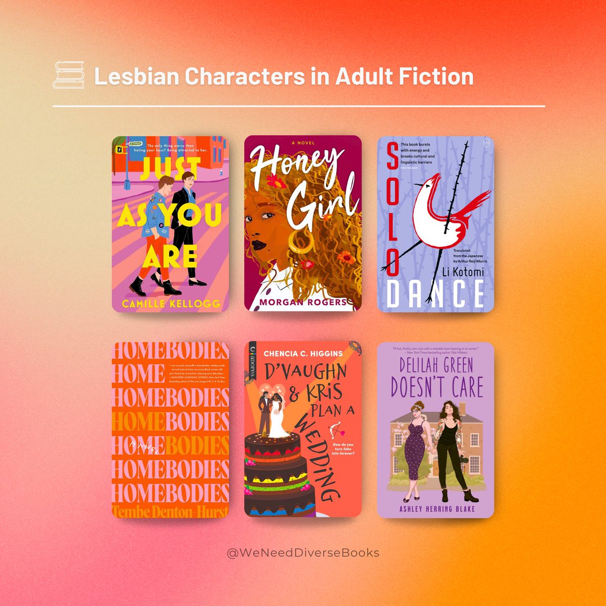 @malindalo @SonoraReyes @jenstjude @rchllipp Adult Books 

🌈 “Just as You Are” by @kellogg_camille
🌈 “Honey Girl” by Morgan Rogers
🌈 “Solo Dance” by @Li_Kotomi
🌈 “Homebodies” by @tembae
🌈 “D’Vaughn and Kris Plan a Wedding” by @ChenciaCHiggins
🌈 “Delilah Green Doesn’t Care” by @ashleyhblake