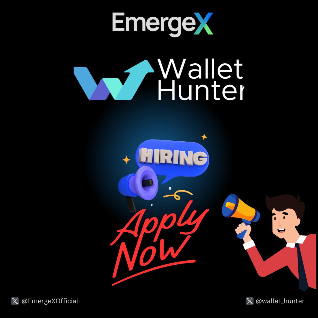 #HiringAlert

EmergeX is looking for talented interns to join @wallet_hunter!

Paid internships💶:

- Marketing
- Graphic Designer
- Content Writer
- Video Editor

Interested?

Just reply with a '🎓'!
Follow @emergexofficial for more opportunities😉

 #Internship #hiring #Web3