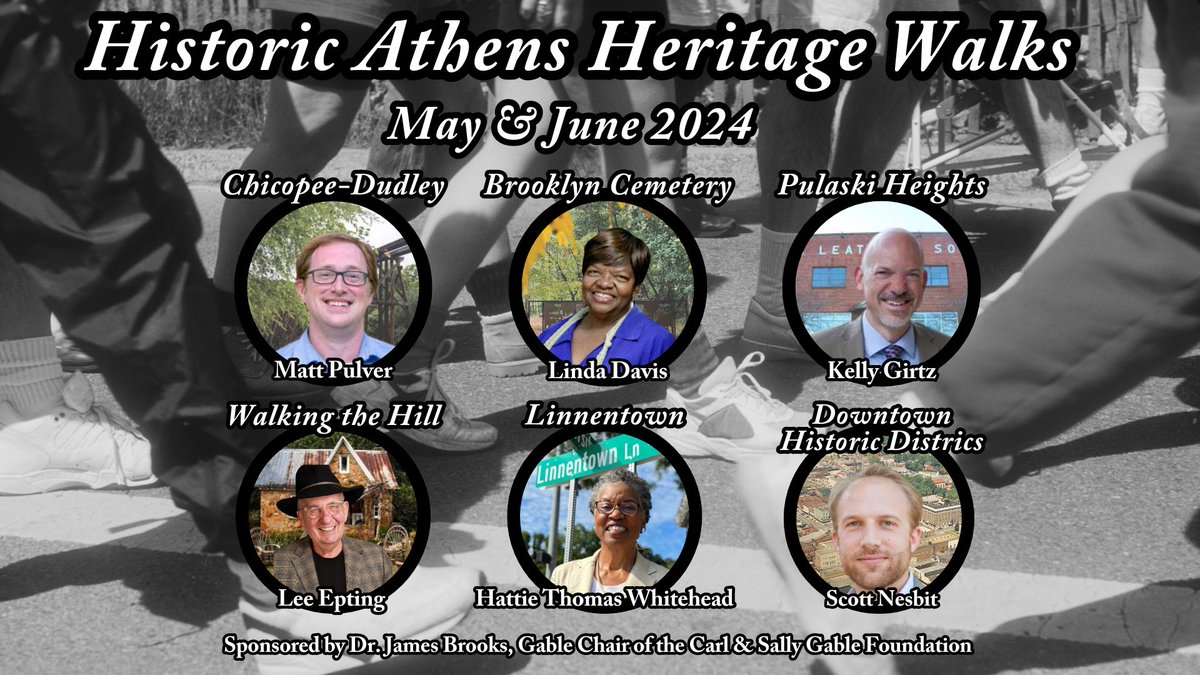 Announcing our summer Heritage Walk series! Join us for tours of Chicopee-Dudley, Brooklyn Cemetery, Pulaski Heights, The Hill, Linnentown, Downtown Historic Districts, and more. 

 Reserve your spot at bit.ly/walkathens.

#athensga #heritagewalk #historicathens #history