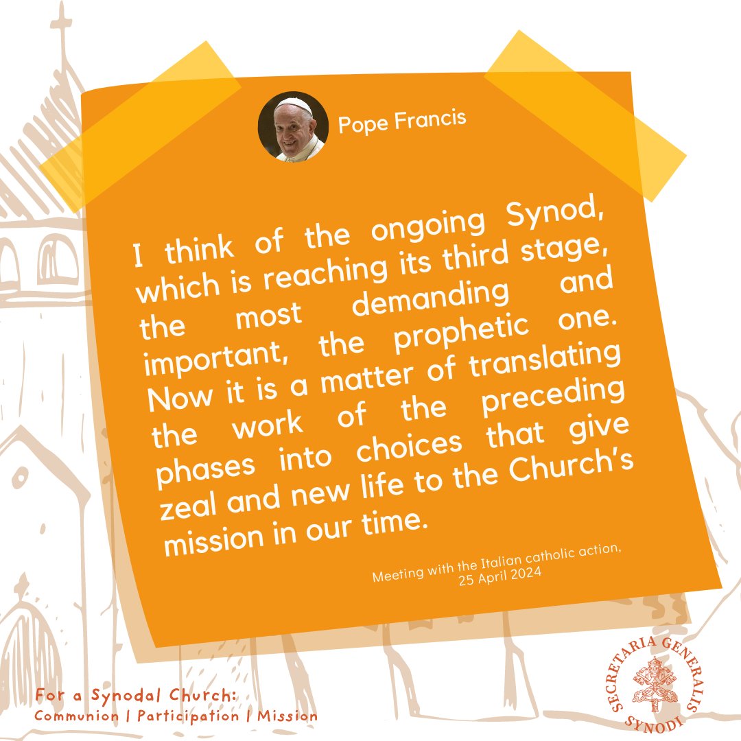 The #synodalJourney is reaching its prophetic stage. It is a matter of translating the work of the preceding phases into choices that give zeal and new life to the Church’s mission in our time' @pontifex 🔗bit.ly/3UiY4UF #synod #synodality #synod2024 #synodOnSynodality