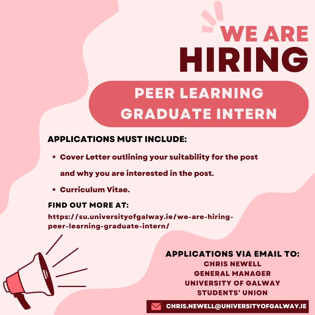 University of Galway Students’ Union seeks a friendly, energetic and goal-oriented Graduate Intern to support its CÉIM academic peer learning programme. 

For more information, head to su.universityofgalway.ie/we-are-hiring-…

#UniversityOfGalway #studentsunion #DoChomhaltas
