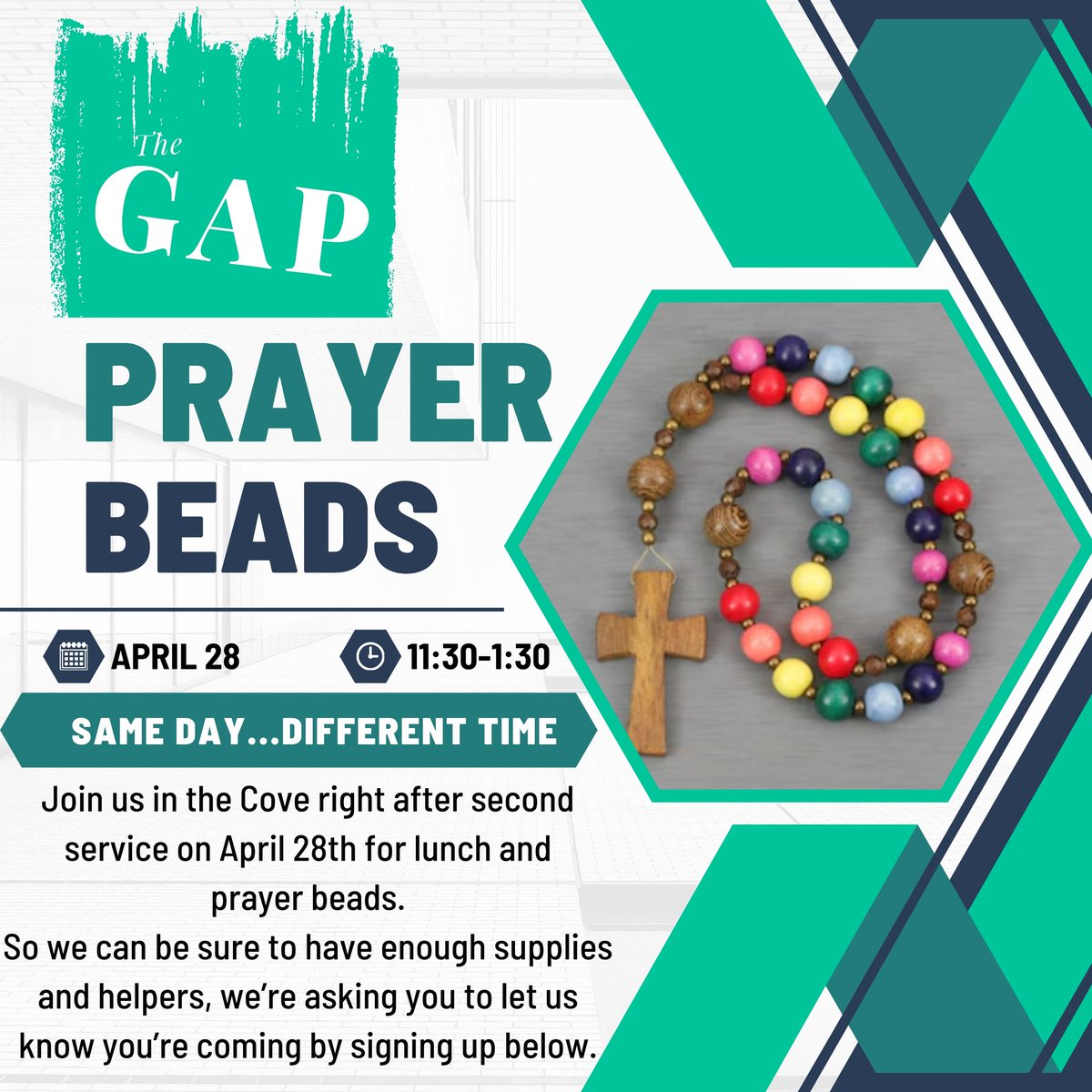 Don't forget - The Gap Prayer Beads event is happening Sunday after second service in The Cove.  See you there!  #prayerbeads #thegap

l.facebook.com/l.php?u=https%…