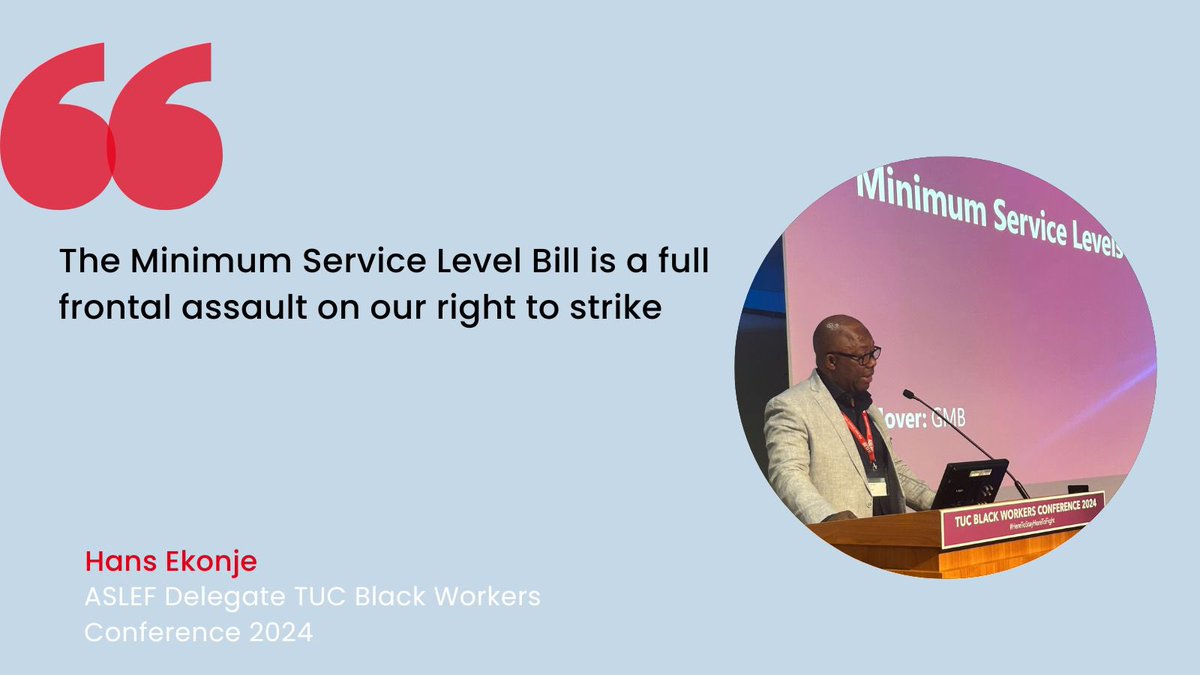 First motion of @The_TUC black workers conference is on minimum service levels, with ASLEF delegate Hans condemning the legislation #HereToStayHereToFight