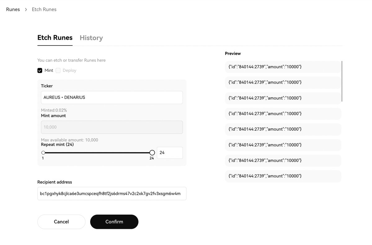 👋 Hey fren, did you know you can repeat up to 24 transactions when minting new #Runes on our Marketplace? Try it out 👇 bit.ly/3w4ooJO