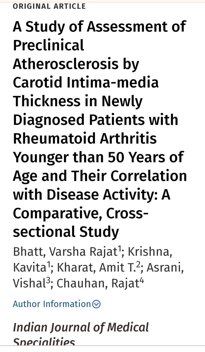 Even patients with newly diagnosed RA under age of 50 years were found to have considerably thicker carotid intima media which suggests that these patients have higher chance of developing atherosclerosis in their earlier years.
journals.lww.com/imsp/fulltext/…

#Rheumtwitter
#MedTwitter