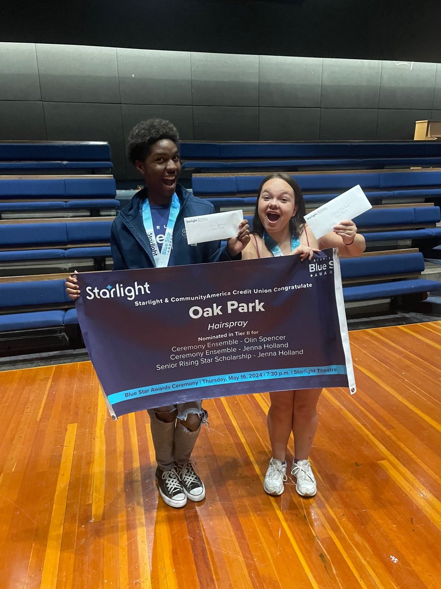 Blue Star presented nominees and a banner to the OP Theatre! Ceremony Ensemble- Olin Spencer Ceremony Ensemble- Jenna Holland Senior Rising Star Scholarship- Jenna Holland The Blue Star Awards are May 16 at Starlight Theater.