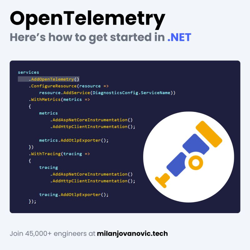 Unlock the power of observability with OpenTelemetry in .NET. 
 
Here's how to get started. itter 
 
Tired of flying blind when it comes to your .NET applications? 
 
OpenTelemetry is here to simplify the way you monitor and understand your application's behavior. 
 
What is…