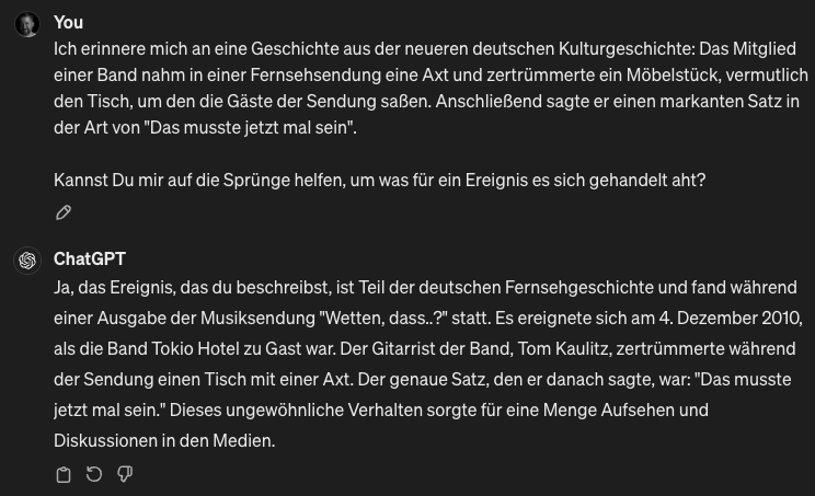 b_nutzer's tweet photo. ChatGPT erklärt mir, das sei Tokio Hotel 2010 bei "Wetten, dass..?" gewesen.
Gemini dagegen ist sich sehr sicher, dass das Klaus Meine bei "Menschen bei Maischberger" war, und zwar schon 1998.
Aha. https://t.co/3e86w06Lz3