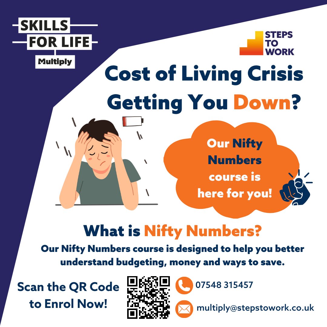Rising costs got you down? Take control of your finances with our Nifty Numbers course! Learn budgeting tips and tricks to thrive in any economy. 💸💪 For more information: stepstowork.co.uk/nifty-numbers/ #moneymanagement