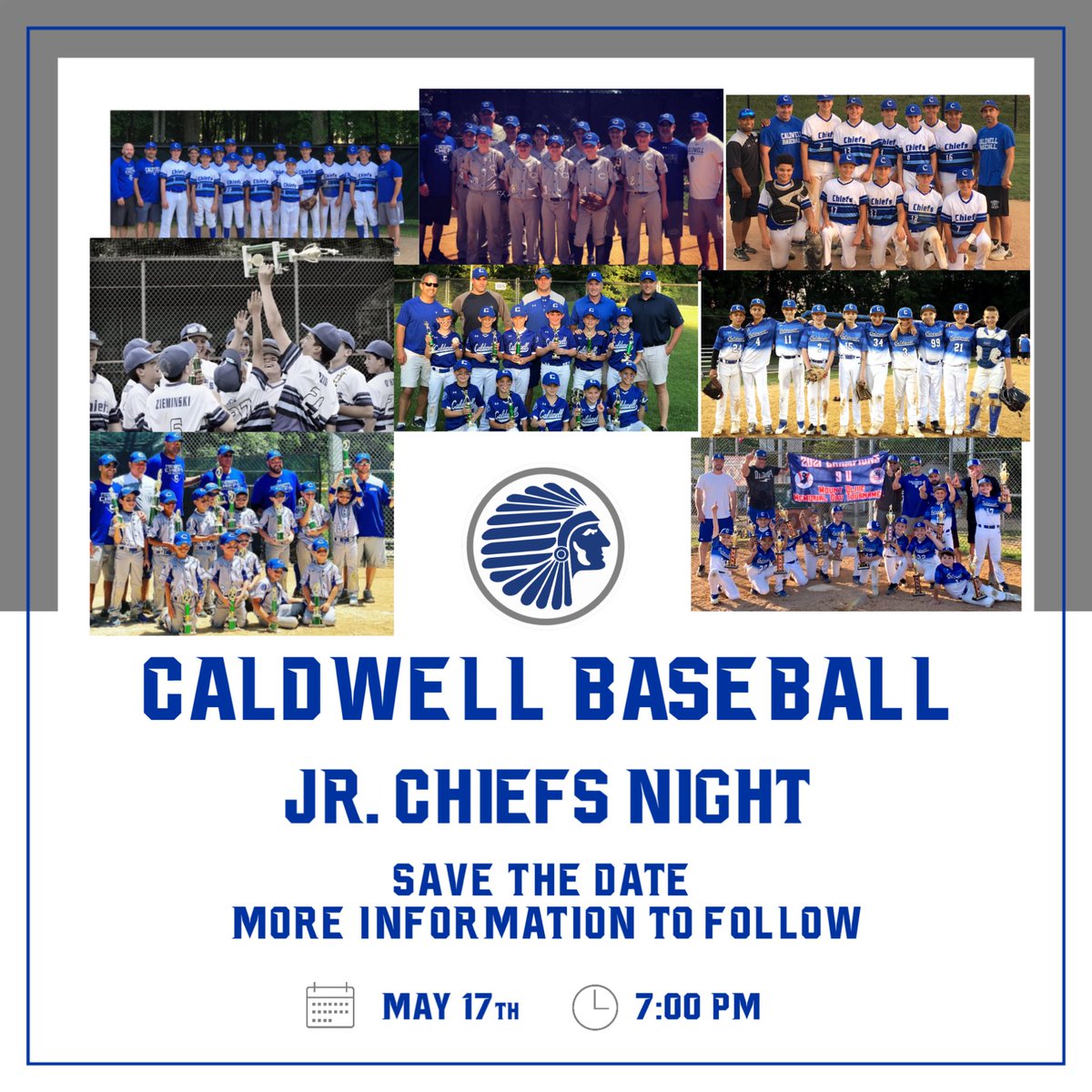 ⚾️CALDWELL JR CHIEFS NIGHT⚾️

Save the date!
📅 Friday, May 17th 
⏰ 7:00 pm

Mark your calendars as we plan to celebrate our awesome youth program Caldwell Jr. Chiefs. There will be more information to follow so stay tuned!

#CaldwellBaseball #NJBaseball #HomeGrown #FutureChiefs