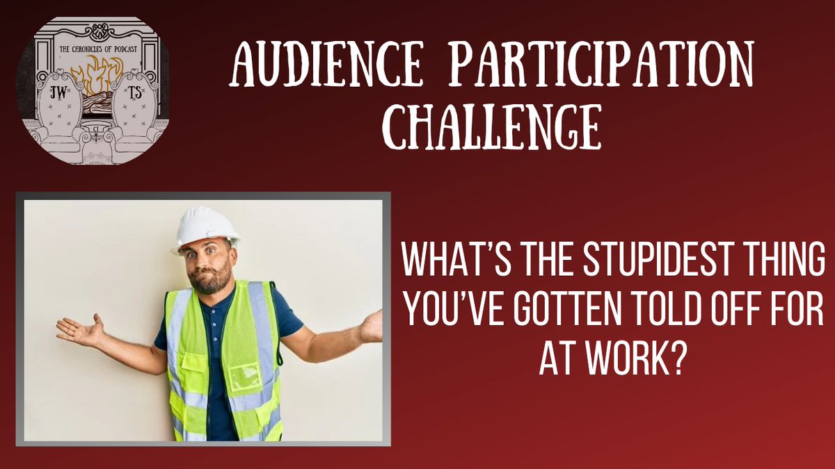 Audience Participation Challenge 

What's the stupidest thing you've ever been told off for at your place of work?

#toldoff #reprimanded #work #employement #stupid #tcopod #thechroniclesofpodcast #audienceparticipation #audience #participation
