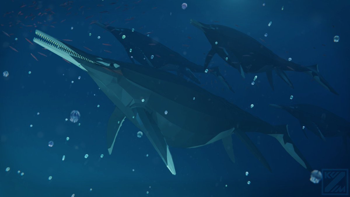 With Giant ichthyosaurs in the news, here is a #lowpoly  A school of Shonisaurus populais, hunting for belemnites in deep water, illuminated by a shoal of comb-jellies. 
Early Triassic, Luning Formation, Nevada, USA🇺🇸