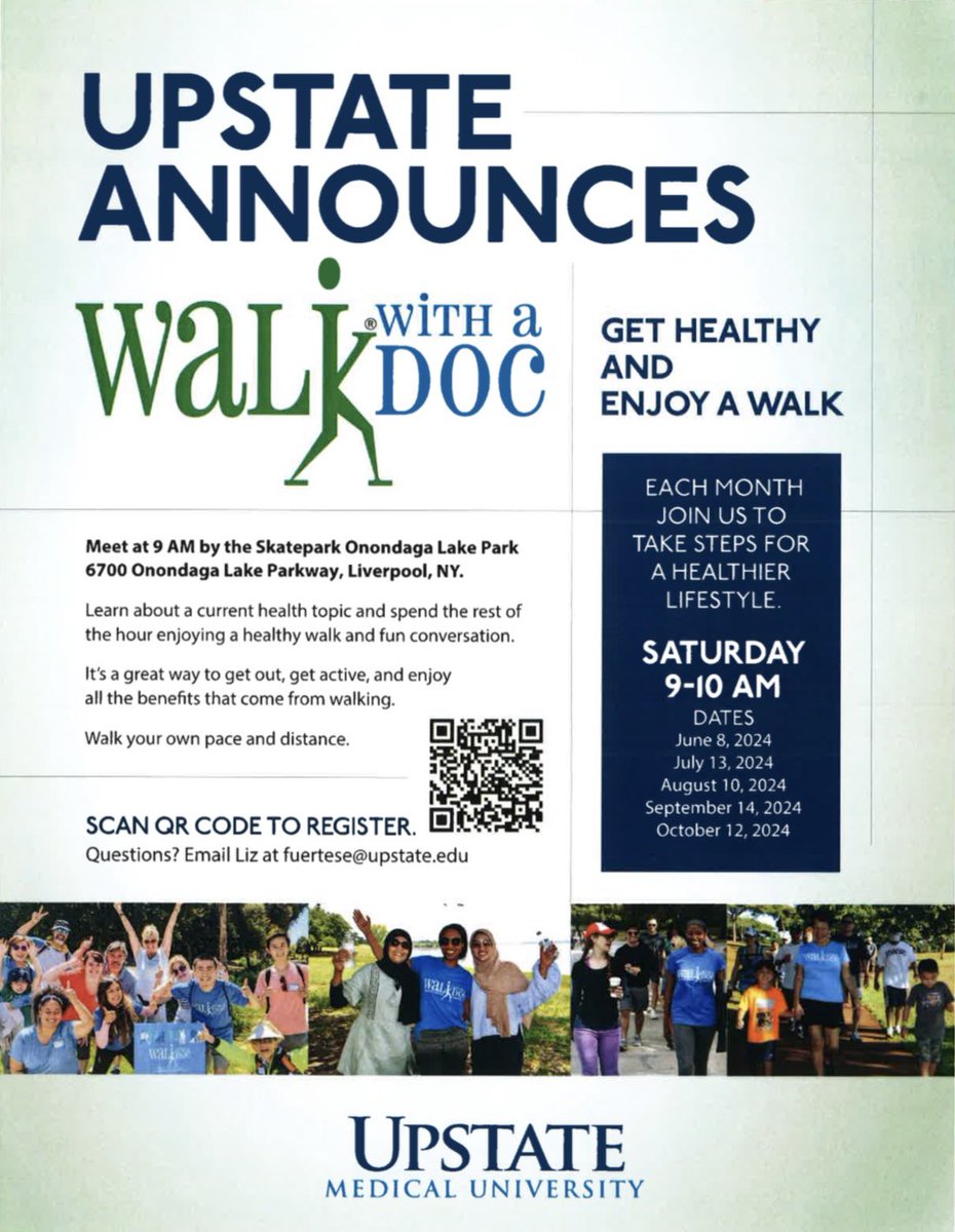 Walk with a Doc meets once a month starting Saturday June 8th at Onondaga Lake Park! Join us for a 5-10 minute talk by a different doctor each month, followed by a walk with the doc! The event is held the second Saturday of each month from 9-10 am ✨