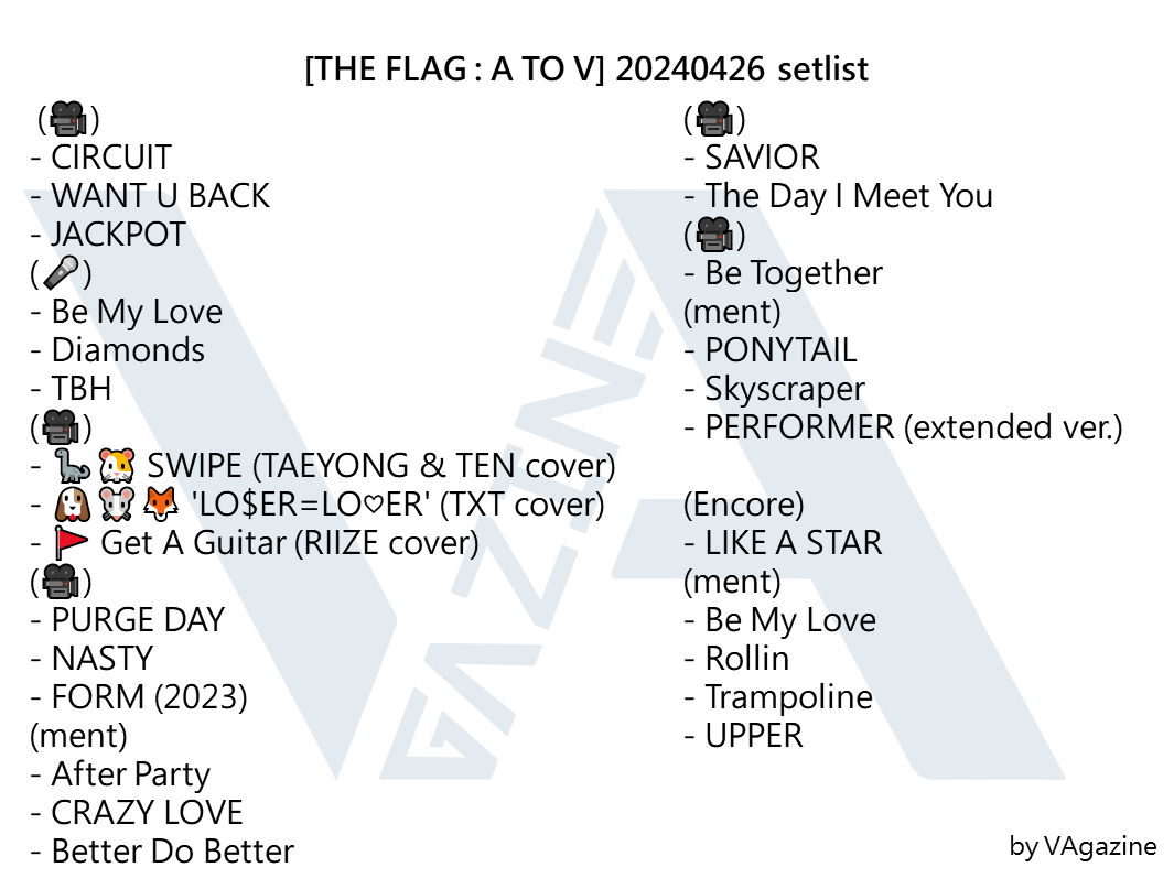 NC_vvs's tweet photo. [THE FLAG : A TO V] 20240426 setlist
#VANNERarchive #AtoV https://t.co/ahzNgjwwyY