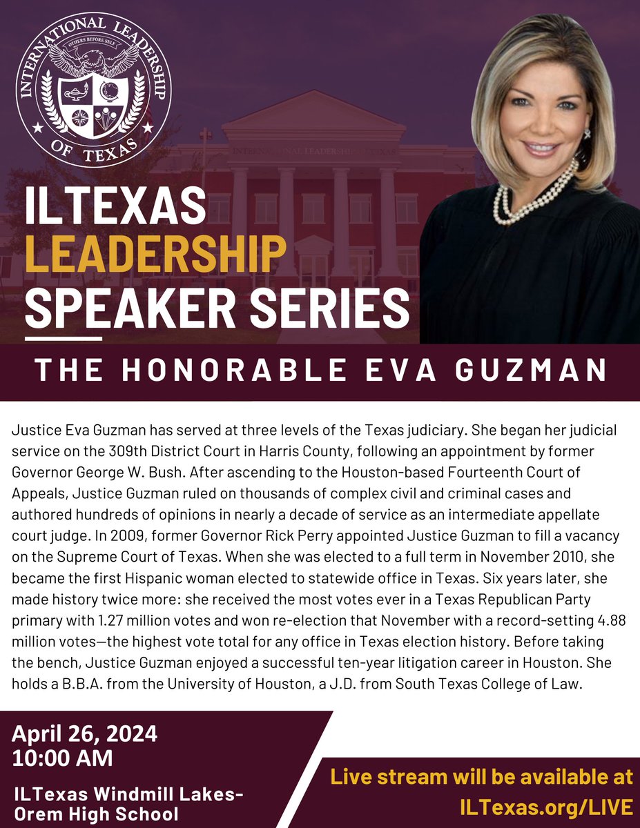 Don't forget to join us live today at 10 AM for our second Leadership Speaker Series of the school year! lnkd.in/g696BcyW #ILTexas