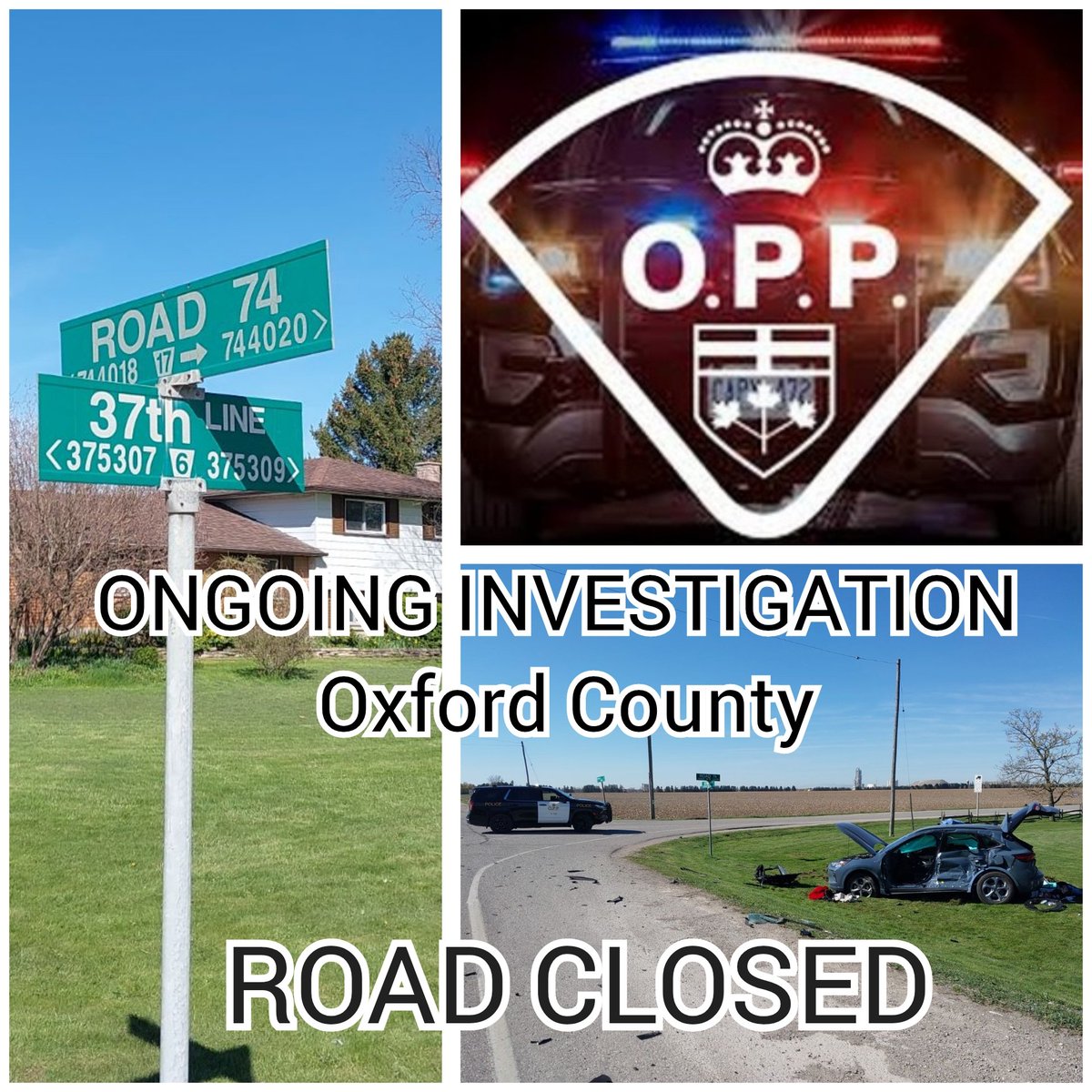 #OxfordOPP is at a 2 vehicle motor vehicle collision at 37th Line and Road 74 @ZorraTwp @OxfordCounty. Roads are closed at Road 74 and Road 78. 
Passengers have been taken to hospital with unknown injuries. Updates to be provided as soon as possible. ^rc