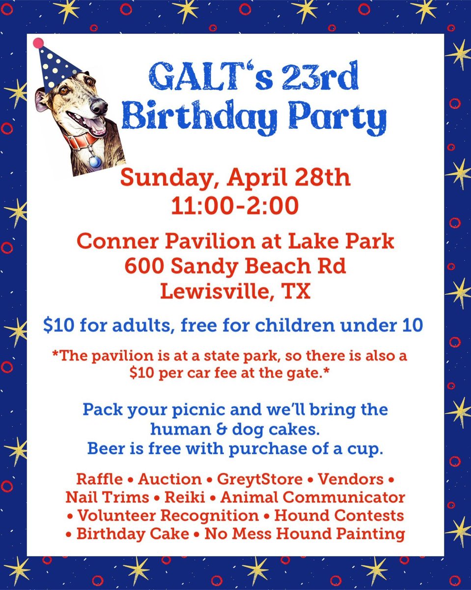 🧁 We are turning 23! Join us this Sunday to celebrate. You can get your tickets at the door but you need to pre-order your lunch by noon Saturday. greytstore.org/products/galts…   #Greyhounds #BirthdayParty