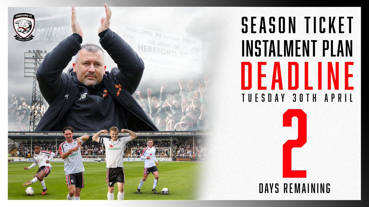 TWO DAYS LEFT! 2⃣ There are only two days so get your season ticket from our instalment plan. Click the link below NOW! 👉 herefordfc.co.uk/2024-25-season… #COYW | #OurCity