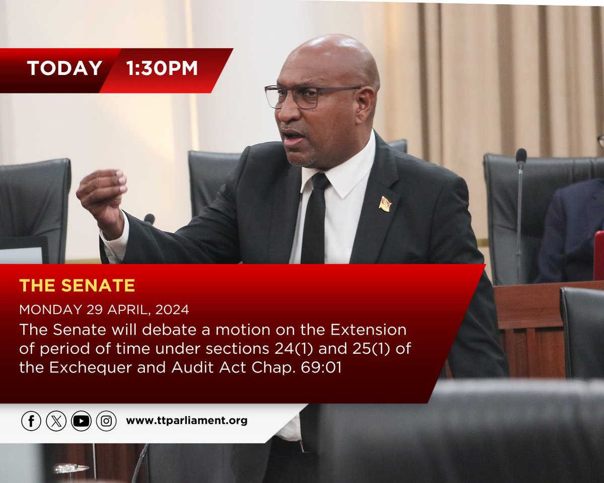 Don't miss our LIVE coverage of the 18th Sitting of the Senate TODAY at 1:30 p.m. Senators will debate a motion to extend the period of time under sections 24(1) & 35(1) of the Exchequer & Audit Act Chap. 69:01. View on Parliament Channel 11 or ParlView. youtube.com/live/kBat0NZGW…