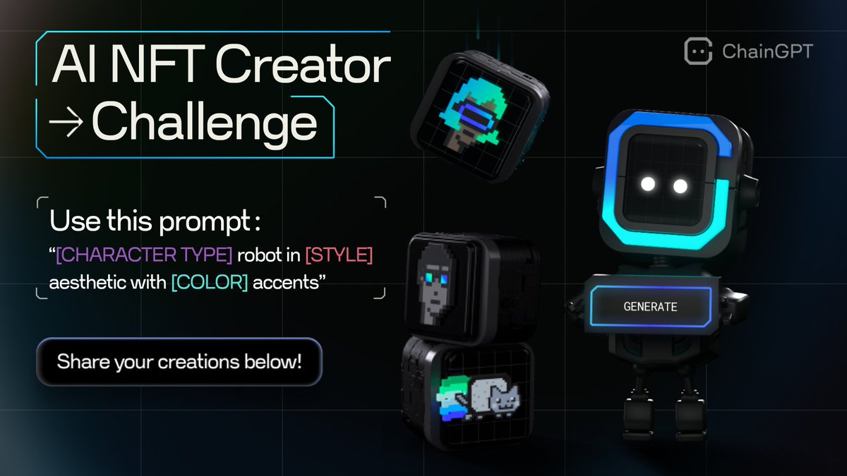 Chain_GPT's tweet image. 🧙‍♂️ AI NFT Generator Challenge!

🤖 Theme: Robots 

Craft your own NFT, follow these steps:
1️⃣ Decide on a CHARACTER TYPE for your robot.
2️⃣ Select a STYLE for its design.
3️⃣ Choose COLOR accents to highlight its features.

Use this template: ✨ “[CHARACTER TYPE] robot in [STYLE]…