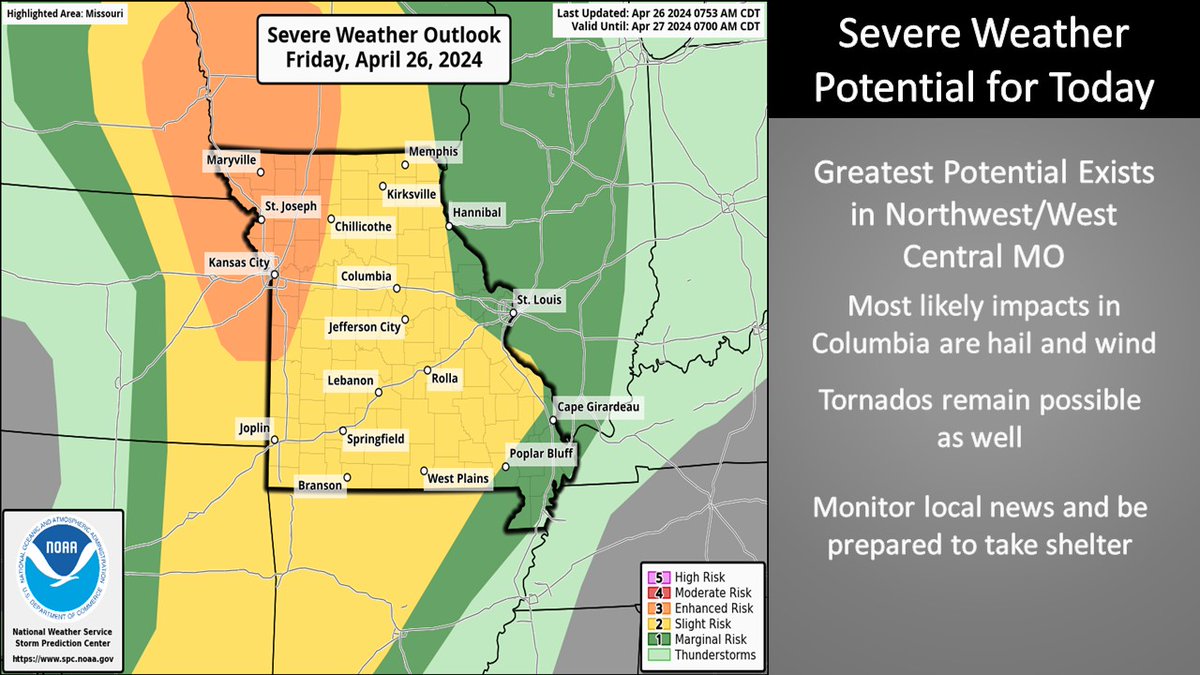Potential for severe storms in Central MO today! Stay vigilant and monitor local news. #Mizzou #MizzouCWF