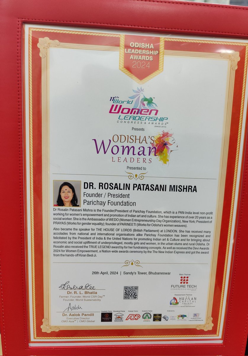 It was such a pleasure to receive the Odisha Leadership Award 2024 organized by 11th World Women Leadership Congress Awards at Hotel Sandy'sTower. I am truly grateful to the organizers for bestowing this honor upon me. #awards2024 #women #LeadershipAwards #rosalinpatasanimishra
