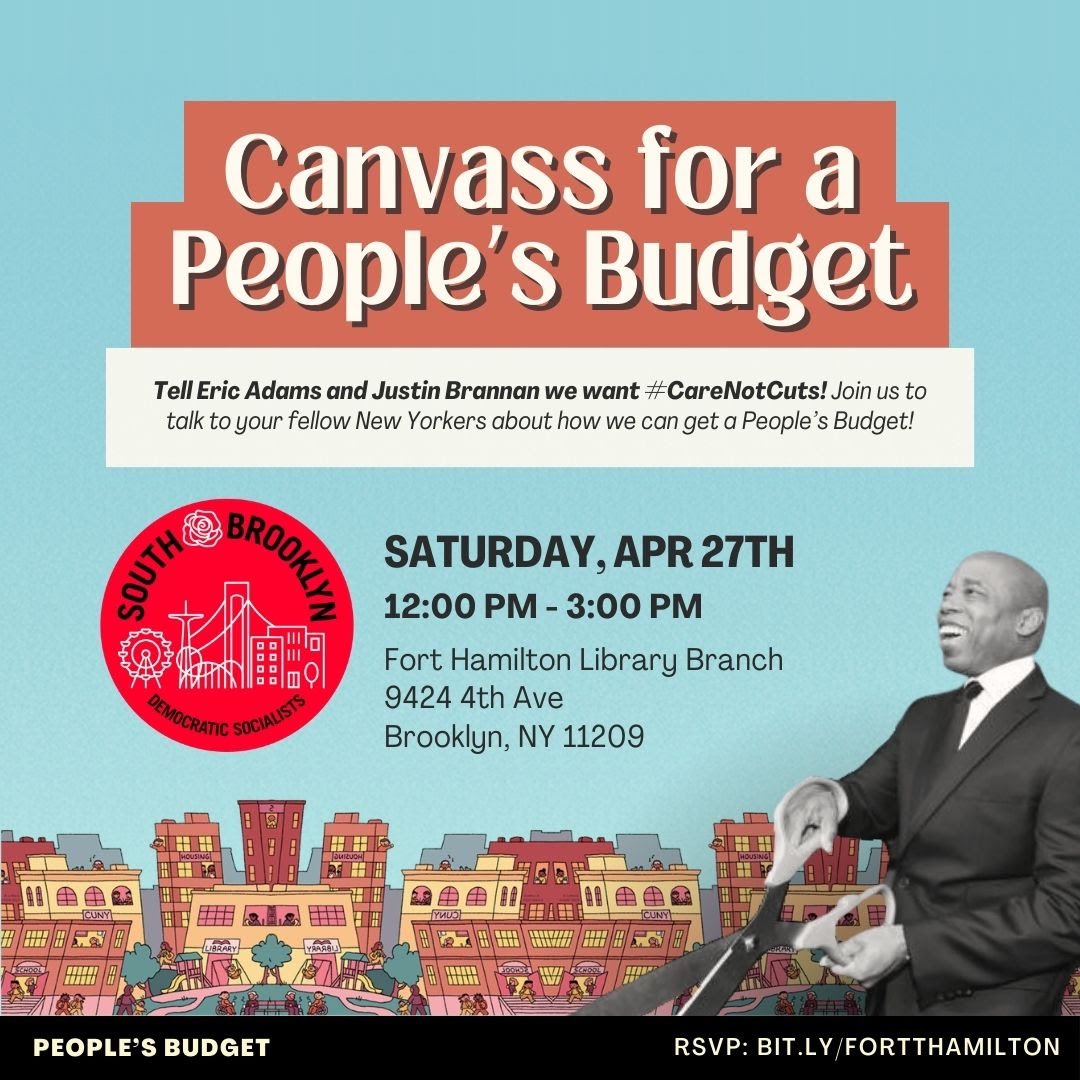 Tomorrow--join us and @PeoplesPlanNYC to speak to community members and collect postcards at the Fort Hamilton Library, 12 PM. Eric Adams has slashed NYC budget 6x, devastating our schools, libraries and critical services like sanitation: bit.ly/fortthamilton.