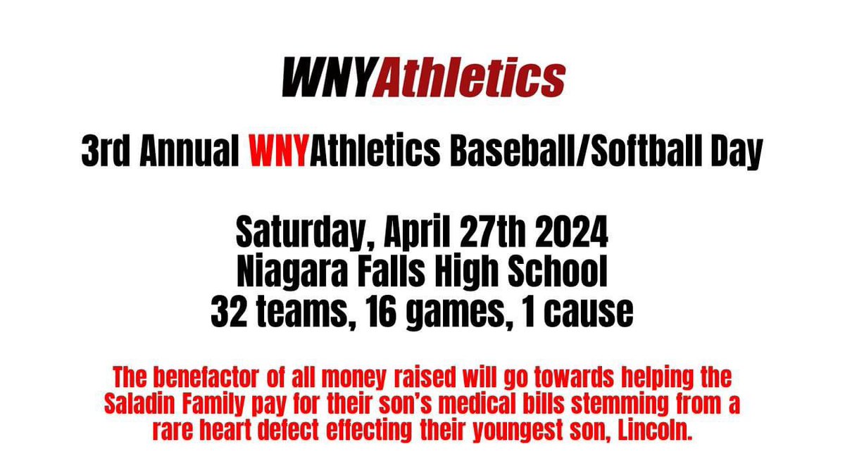 🚨🚨🚨

Due to the weather forecast, we have made the difficult decision to cancel the 2024 WNY Athletics Baseball/Softball Day

We are working on other ways to support Lincoln and the Saladin Family