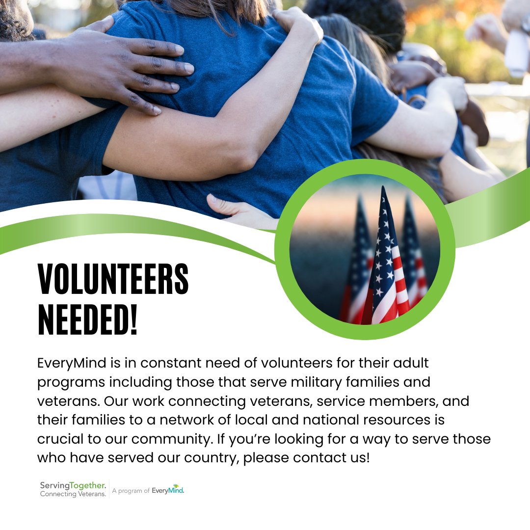 The need for volunteers for the adult programs of EveryMind is constantly growing. If you would like to help support our nation’s heroes, please email info@every-mind.org.

#VolunteersWeek #VolunteersNeeded #VolunteerVA #VolunteerDC #VolunteerMD #CommunityService #Veterans