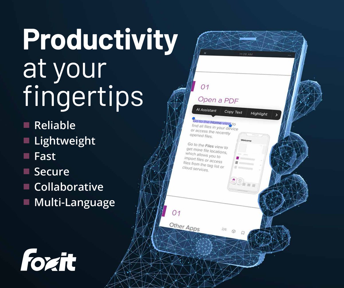 foxitsoftware's tweet image. Did you know? Mobile document editing can increase team productivity by up to 40%. 

The Foxit PDF Editor mobile app lets you view, annotate, and collaborate on PDF files anywhere. 

Available in the App Store and Google Play Store: bit.ly/4aXfXyR

#MobileEditing #PDFApp