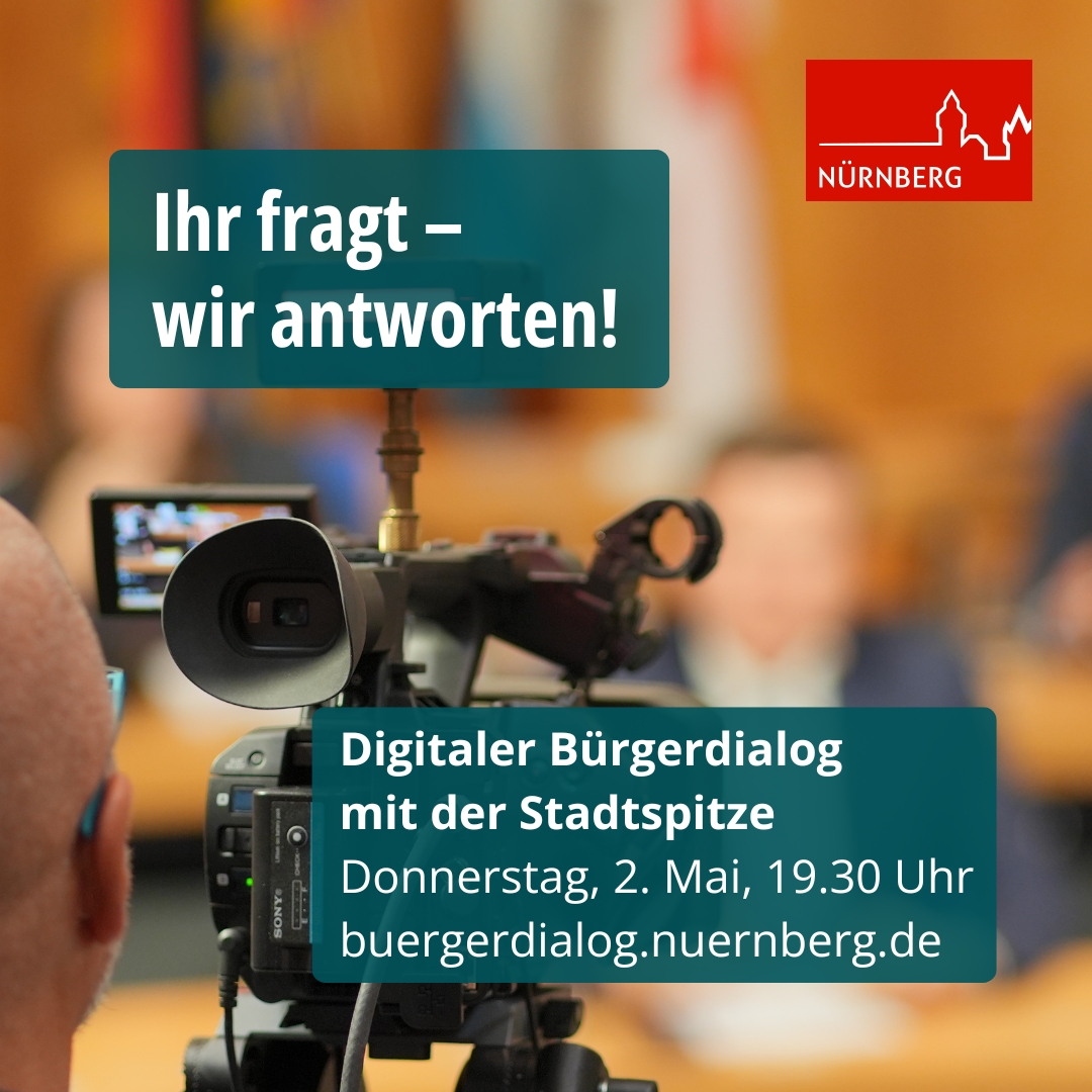 Sie fragen, die Stadtspitze antwortet! Der Digitale Bürgerdialog geht am 2. Mai in die nächste Runde. Dann haben Sie die Chance, ihre Fragen rund um #Nürnberg an OB @marcuskoenignbg & Co. zu stellen: go.nuernberg.de/jIoXaeGH